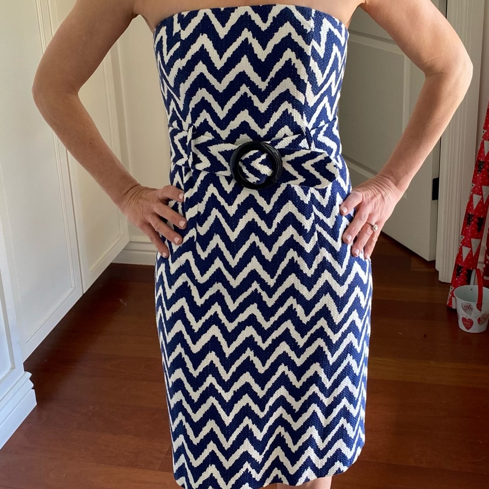 MILLY Navy and White Chevron Strapless Dress